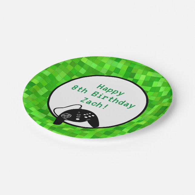 Green Gamer Pixels | Custom Birthday Party Paper Plates (Angled)