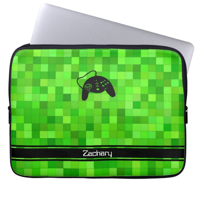 Green Gamer Pixels | Personalized Laptop Sleeve (Front)