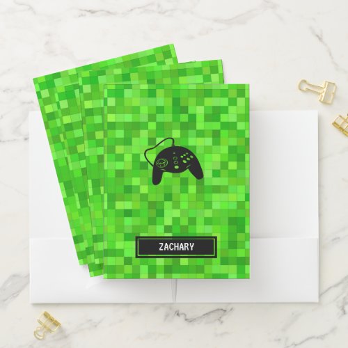 Green Gamer Pixels  Personalized Pocket Folder