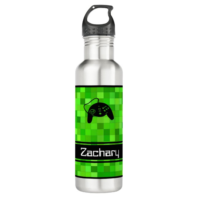 Green Gamer Pixels | Personalized Stainless Steel Water Bottle (Front)