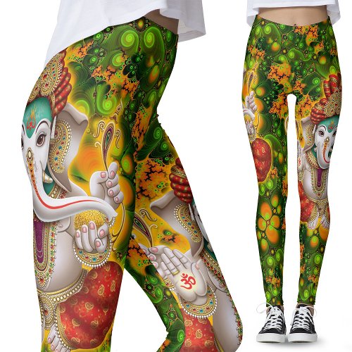 Green Ganesh God Hippie Boho Psychedelic Festival Leggings