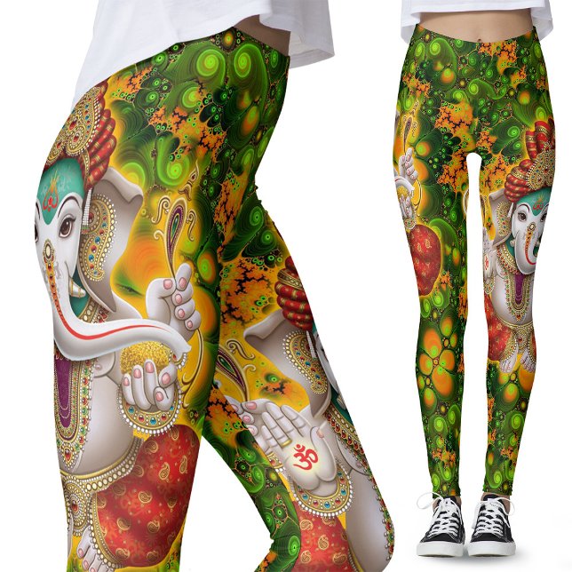 Green Ganesh God Hippie Boho Psychedelic Festival Leggings (Creator Uploaded)