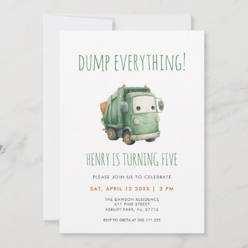 Green Garbage Truck Birthday Invitation