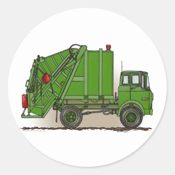 Green Garbage Truck Classic Round Sticker by art1st at Zazzle