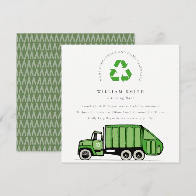 Green Garbage Truck Kids Any Age Birthday Invite (Front/Back)