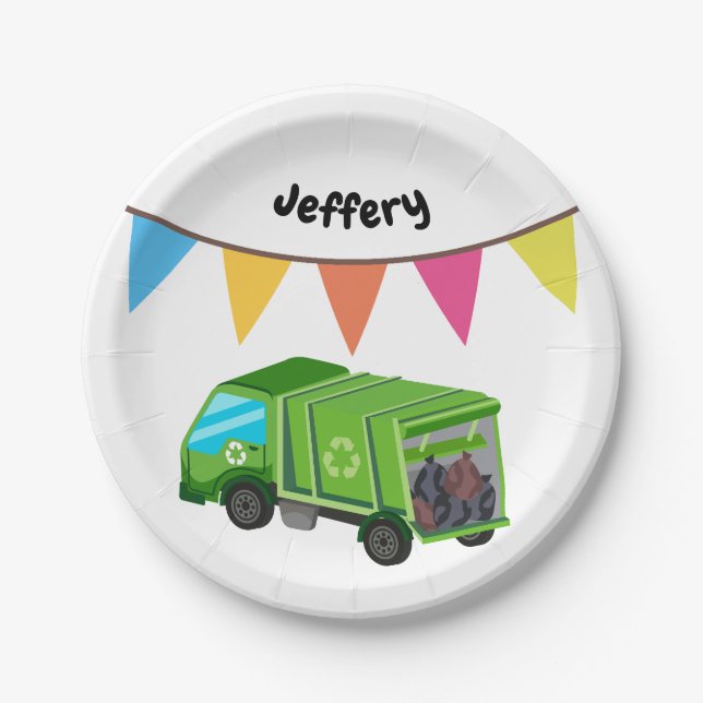 Green Garbage Truck - Kid's Birthday Paper Plates (Front)