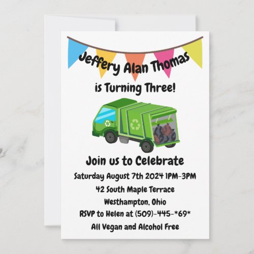 Green Garbage Truck Kids Party Invitation