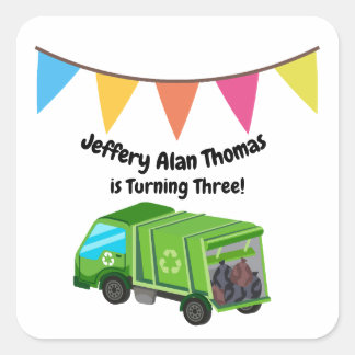 Green Garbage Truck Kid's Party Square Sticker