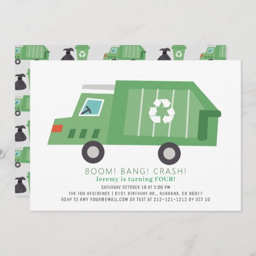 Green Garbage Truck Recycle Boy Birthday Invitation