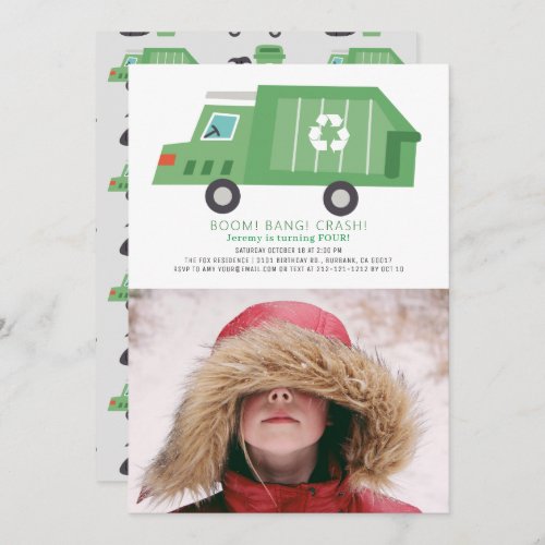 Green Garbage Truck Recycle Boy Photo Birthday Invitation