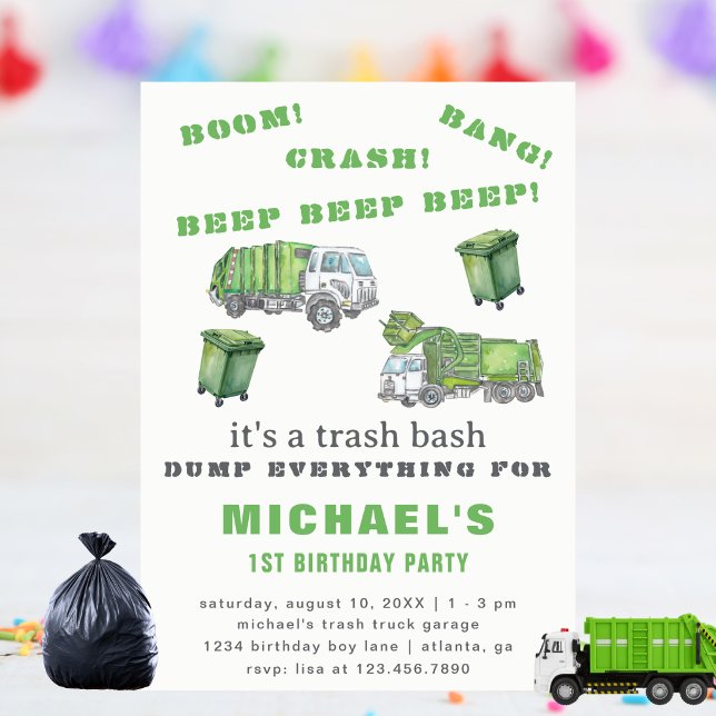 Green Garbage Truck Trash Bash 1st Birthday Party Invitation (Creator Uploaded)