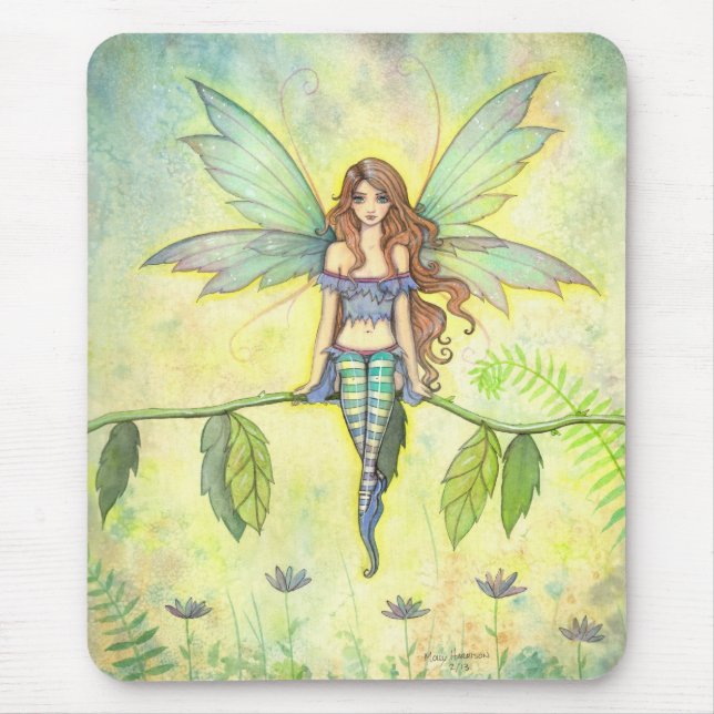 Green Garden Fairy Fantasy Artwork Watercolor Mouse Pad (Front)