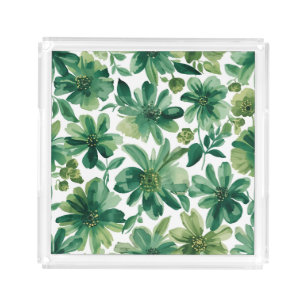 Green Garden Floral Botanical Watercolor Painting Acrylic Tray