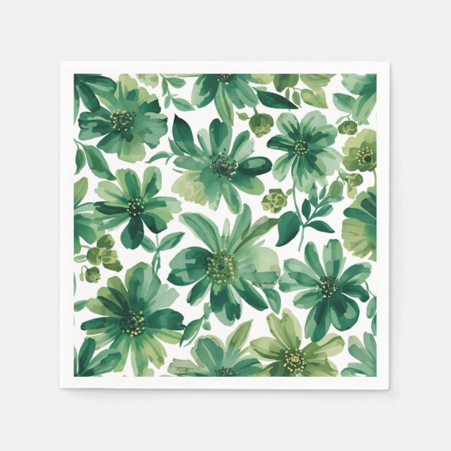 Green Garden Floral Botanical Watercolor Painting Napkins (Front)