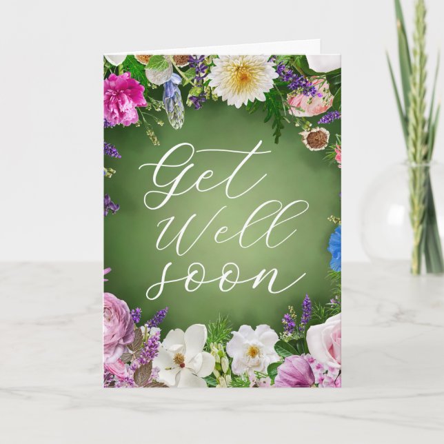 Green Garden Floral Get Well Soon Personalized  Card (Front)
