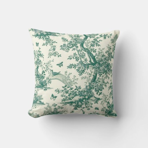 Green Garden Flowering Tree Toile de Jouy Throw Pillow