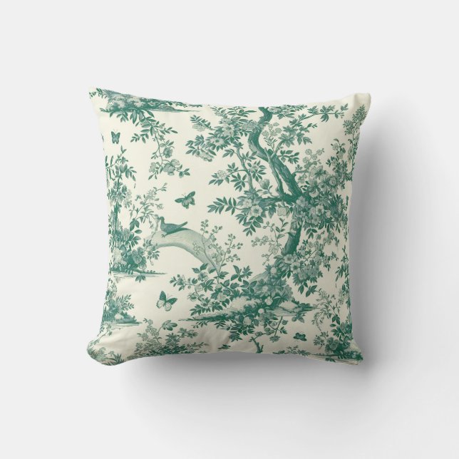 Green Garden Flowering Tree Toile de Jouy Throw Pillow (Front)