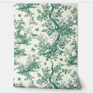 Green Garden Flowering Tree Toile de Jouy Wallpaper