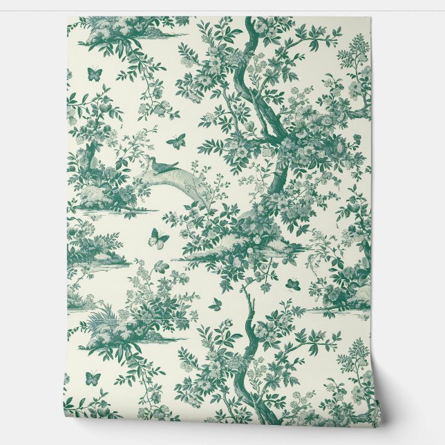 Green Garden Flowering Tree Toile de Jouy Wallpaper (Unrolling)