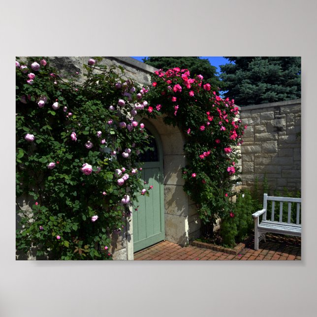 Green Garden Gate with Bench, 7 by 5 inches Poster (Front)