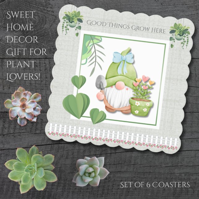 Green Garden Gnome Good Things Grow Here Paper Coaster (Sweet Green Garden Gnome Home Decor Gift for Plant Lovers! )