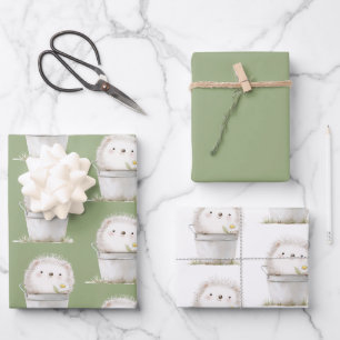 Green Garden Hedgehog with Daisy Flower Birthday Wrapping Paper Sheets