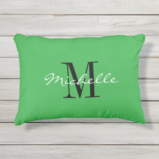 Green garden pillow with elegant name monogram (Front)
