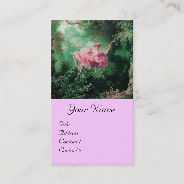 Green Garden,Pink Rococo Lady on Swing Monogram Business Card (Front)