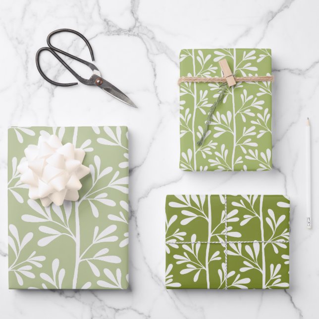 Green Garden Stems Bright Modern Botanical Wrapping Paper Sheets (Front)