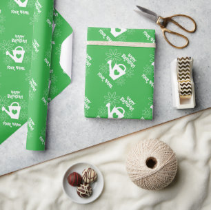 Green garden watering can Birthday wrapping paper