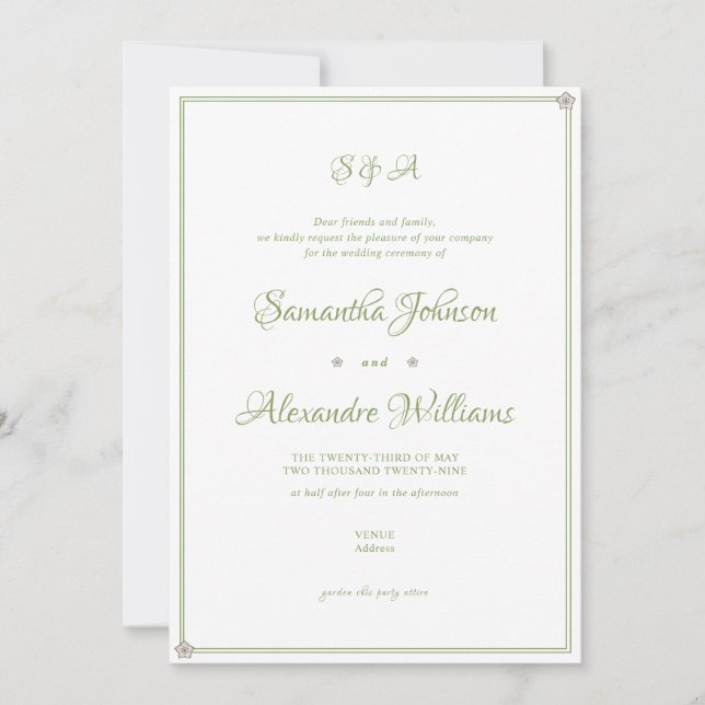 Green Garden Wedding Ceremony Minimalist Script Invitation (Front)