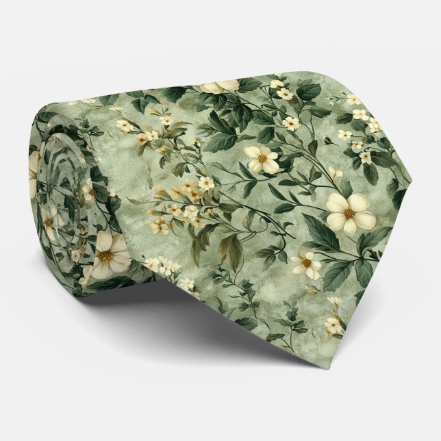 Green Garden Wildflower Blooms Personalize Wedding Neck Tie (Rolled)