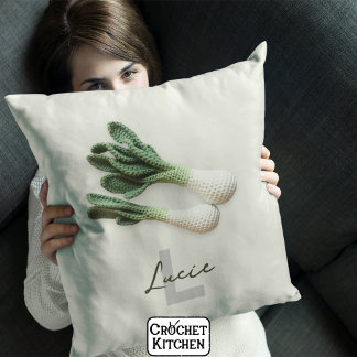 Green Gardener Minimalist Crochet Leeks Name  Throw Pillow