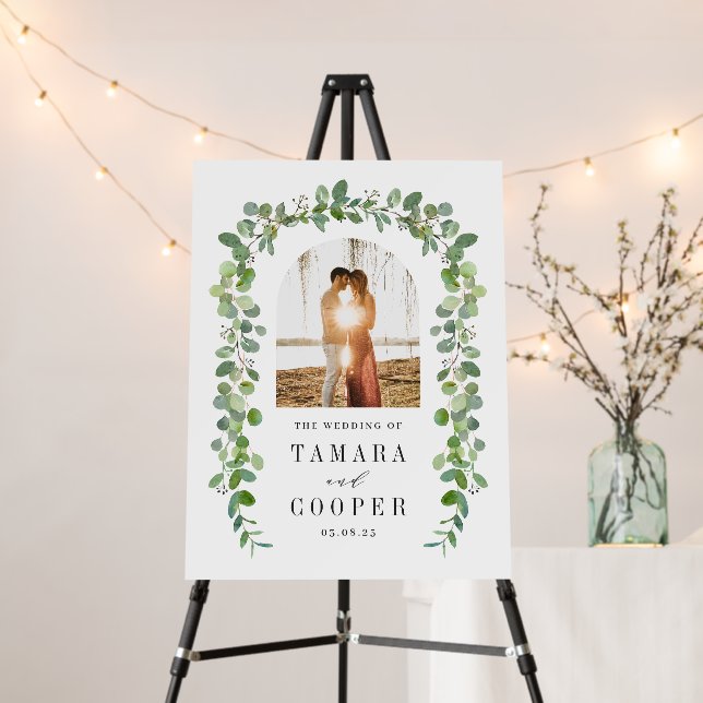 Green Garland Photo Wedding Welcome Sign (In Situ (Stand))