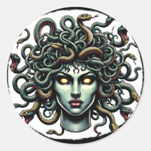 Green Gazing Medusa Head full of Snakes Classic Round Sticker