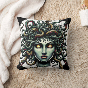 Green Gazing Medusa Head full of Snakes Throw Pillow