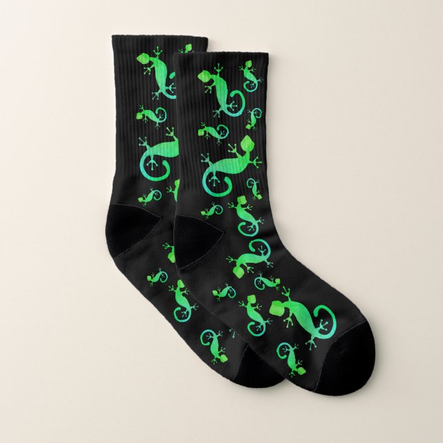 Green Gecko Lizard on Black Socks (Pair)