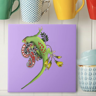 Green Gecko Tribal Lavender Red Ceramic Tile