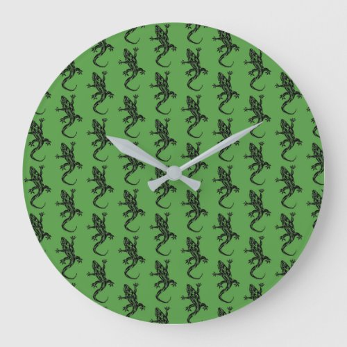 Green Gecko Tribal Tattoo Pattern Large Clock