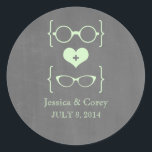 Green Geeky Glasses Chalkboard Wedding Stickers<br><div class="desc">Quirky and chic Geeky Glasses Chalkboard Wedding Stickers in mint green featuring a cute heart flanked by two pairs of nerdy eyeglasses, a manly pair and a girly pair representing the groom and bride on a chalkboard look background. These offbeat wedding stickers are perfect for your geek wedding! Easy to...</div>