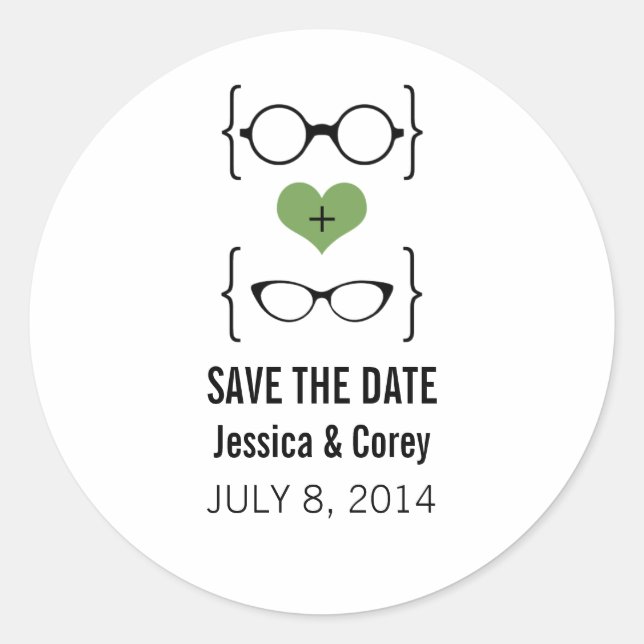 Green Geeky Glasses Save the Date Stickers (Front)