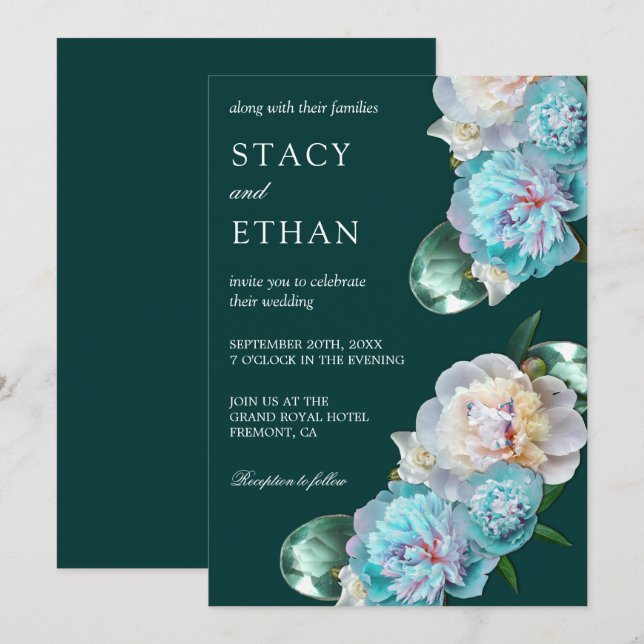 Green Gems and Turquoise Peonies Floral Wedding Invitation (Front/Back)