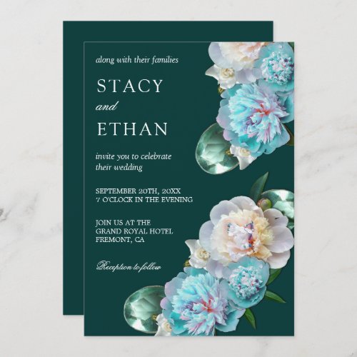 Green Gems and Turquoise Peonies Floral Wedding Invitation