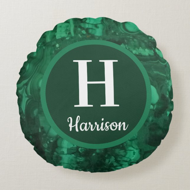 Green Gemstone Family Initial Monogram Round Pillow (Front)