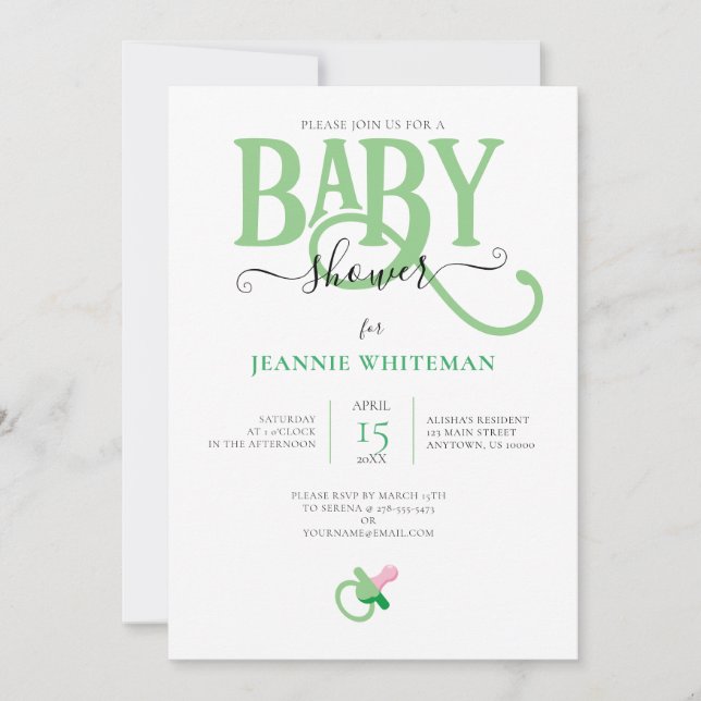 GREEN GENDER NEUTRAL BABY SHOWER WITH PACIFIER  INVITATION (Front)