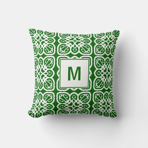 Green Geometric Boho Lace Monogram Throw Pillow