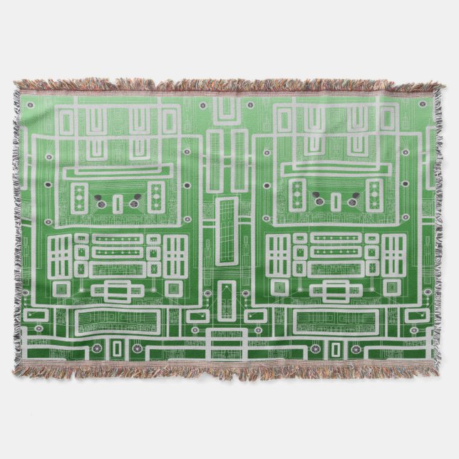 Green Geometric Circuit Board Throw Blanket (Front)