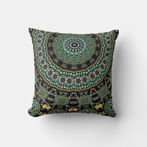 Green Geometric Floral Boho Tribal Mandala Throw Pillow