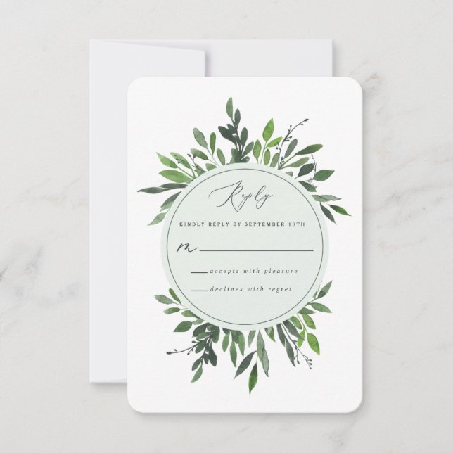 Green geometric frame leafy wedding reply card (Front)