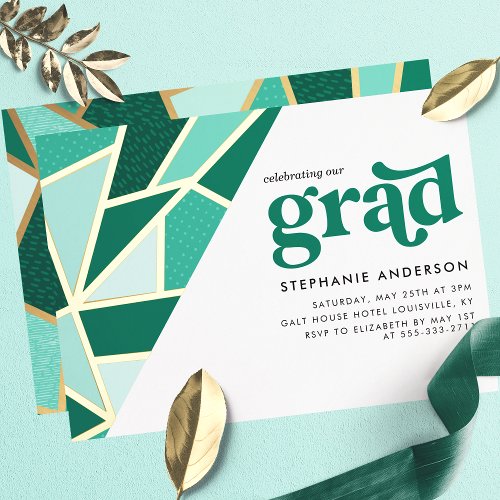 Green Geometric Gold Modern Graduation Party Foil Invitation